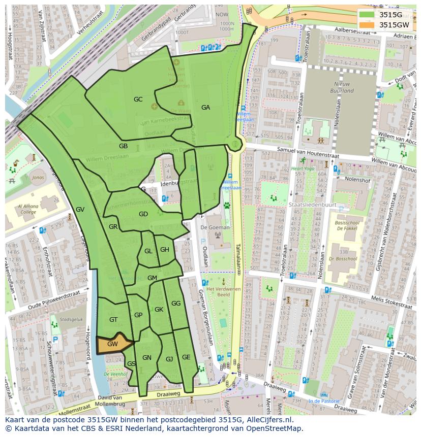 Afbeelding van het postcodegebied 3515 GW op de kaart.