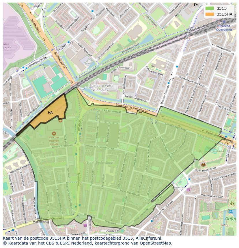 Afbeelding van het postcodegebied 3515 HA op de kaart.