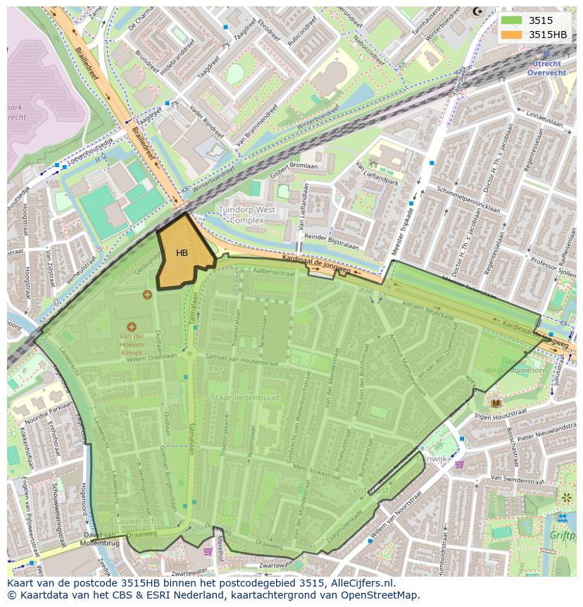 Afbeelding van het postcodegebied 3515 HB op de kaart.