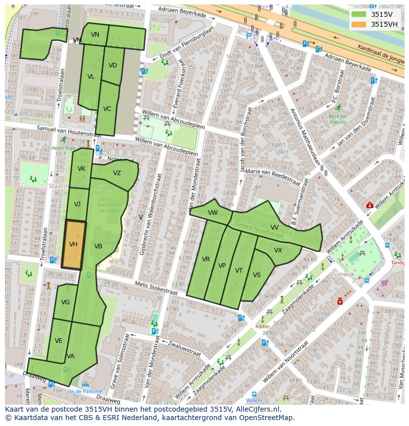 Afbeelding van het postcodegebied 3515 VH op de kaart.