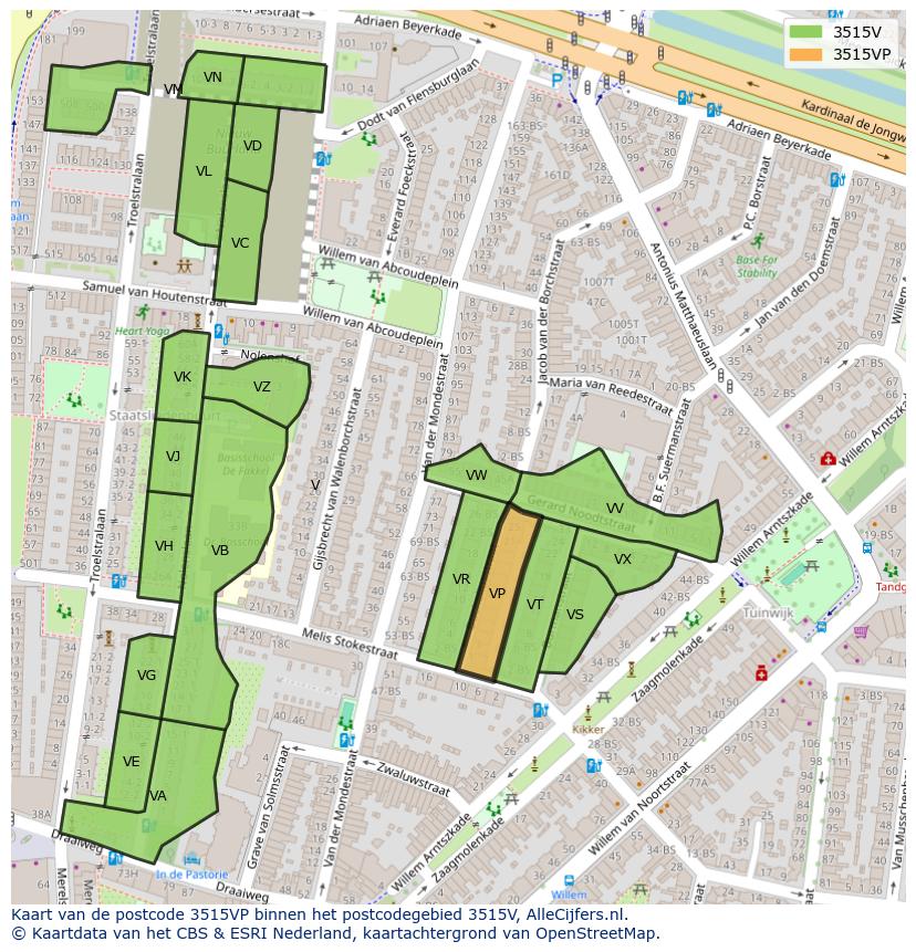 Afbeelding van het postcodegebied 3515 VP op de kaart.