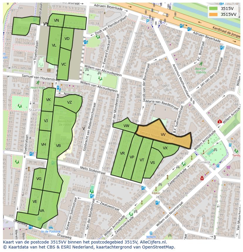 Afbeelding van het postcodegebied 3515 VV op de kaart.