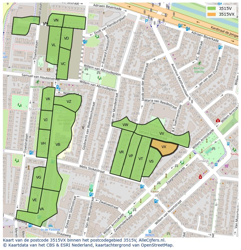 Afbeelding van het postcodegebied 3515 VX op de kaart.