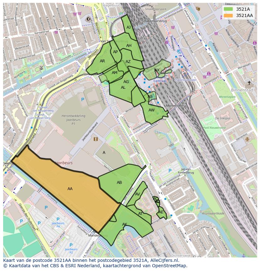 Afbeelding van het postcodegebied 3521 AA op de kaart.