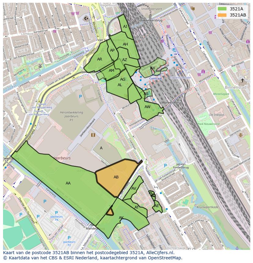 Afbeelding van het postcodegebied 3521 AB op de kaart.