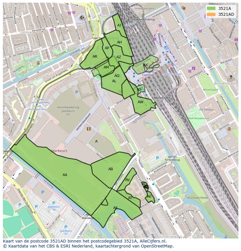 Afbeelding van het postcodegebied 3521 AD op de kaart.
