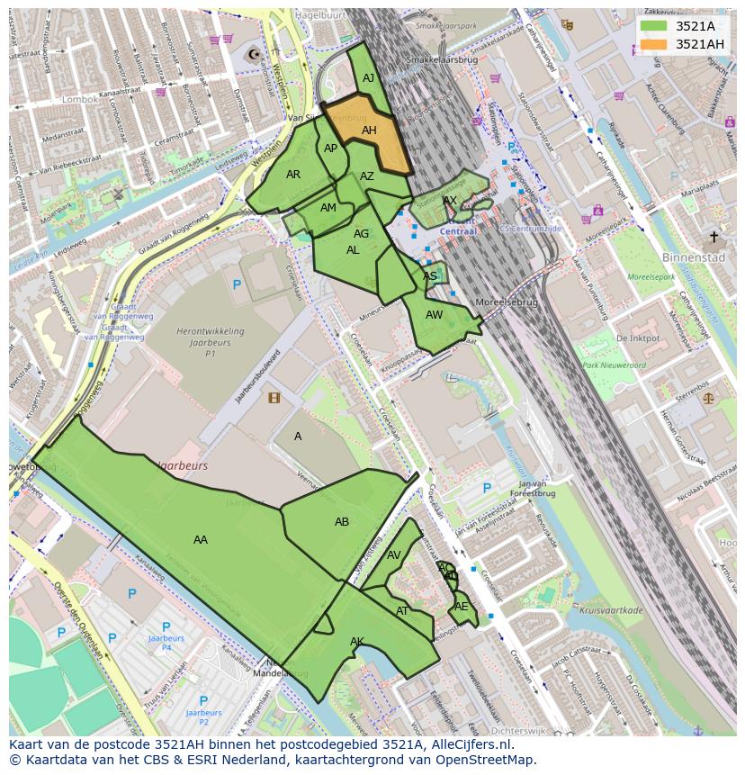 Afbeelding van het postcodegebied 3521 AH op de kaart.