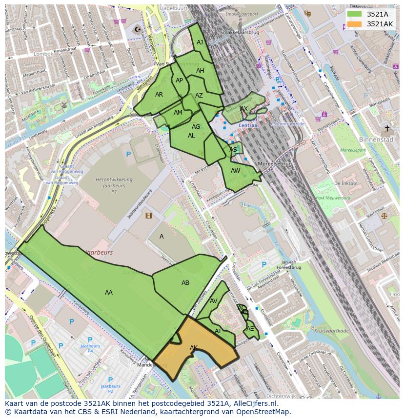 Afbeelding van het postcodegebied 3521 AK op de kaart.