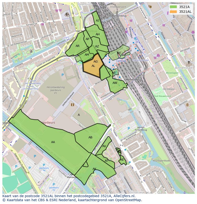 Afbeelding van het postcodegebied 3521 AL op de kaart.