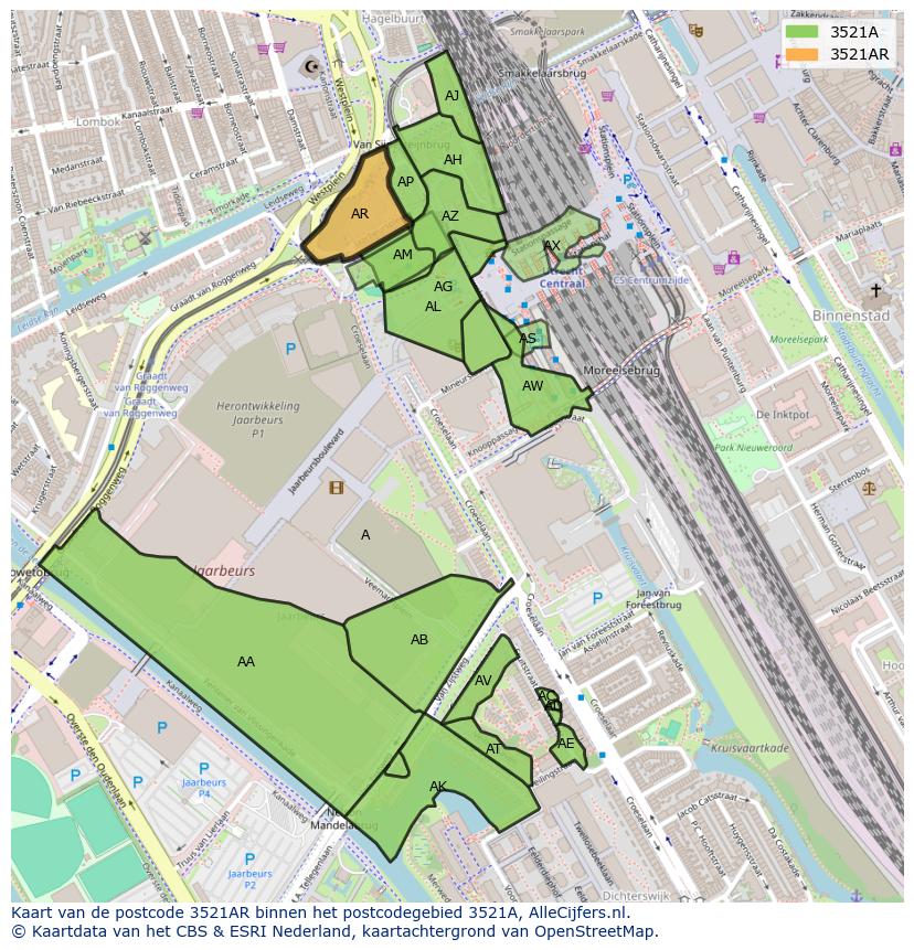 Afbeelding van het postcodegebied 3521 AR op de kaart.