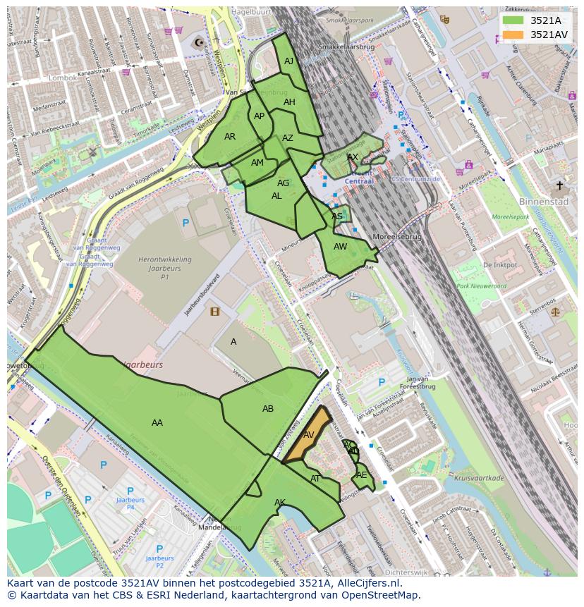 Afbeelding van het postcodegebied 3521 AV op de kaart.