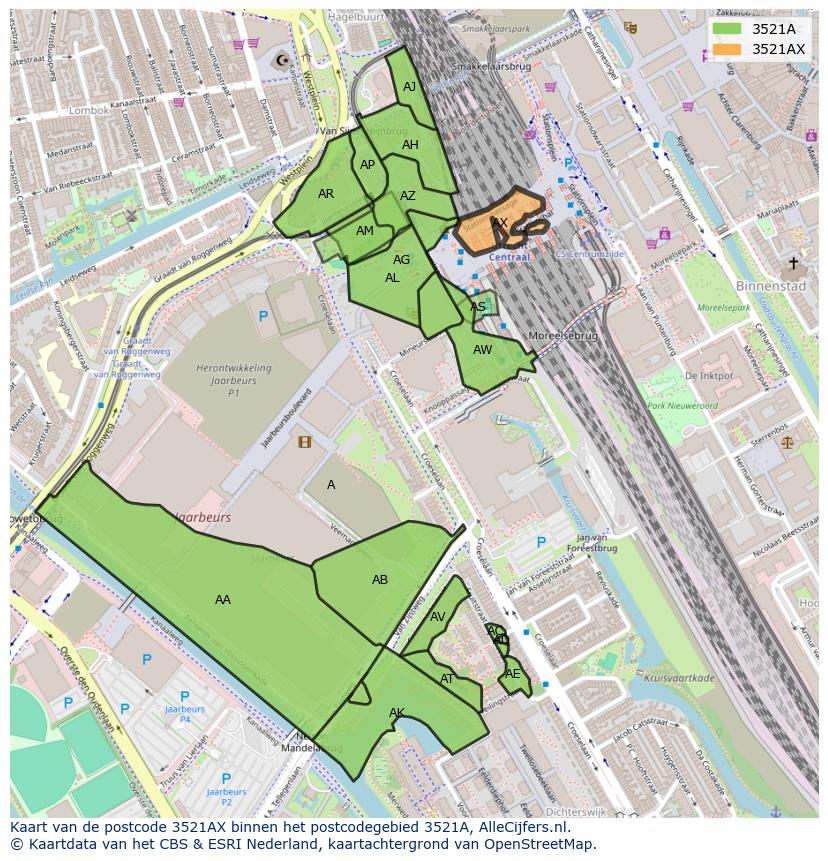 Afbeelding van het postcodegebied 3521 AX op de kaart.