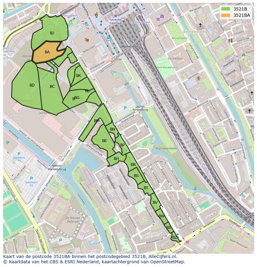 Afbeelding van het postcodegebied 3521 BA op de kaart.