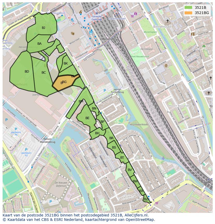 Afbeelding van het postcodegebied 3521 BG op de kaart.