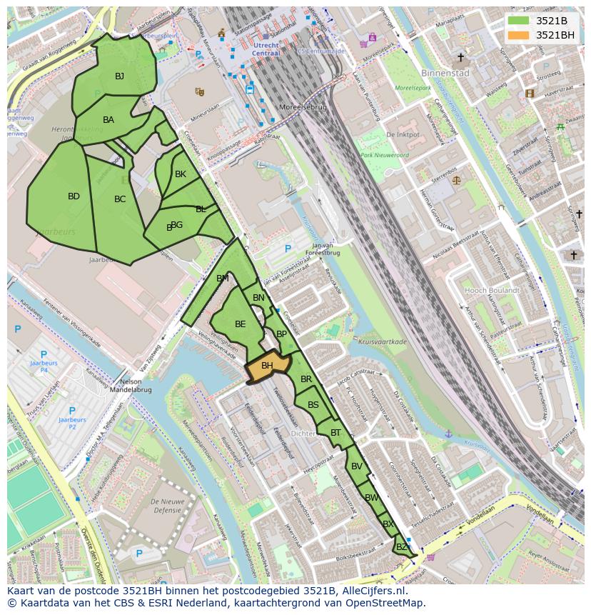 Afbeelding van het postcodegebied 3521 BH op de kaart.
