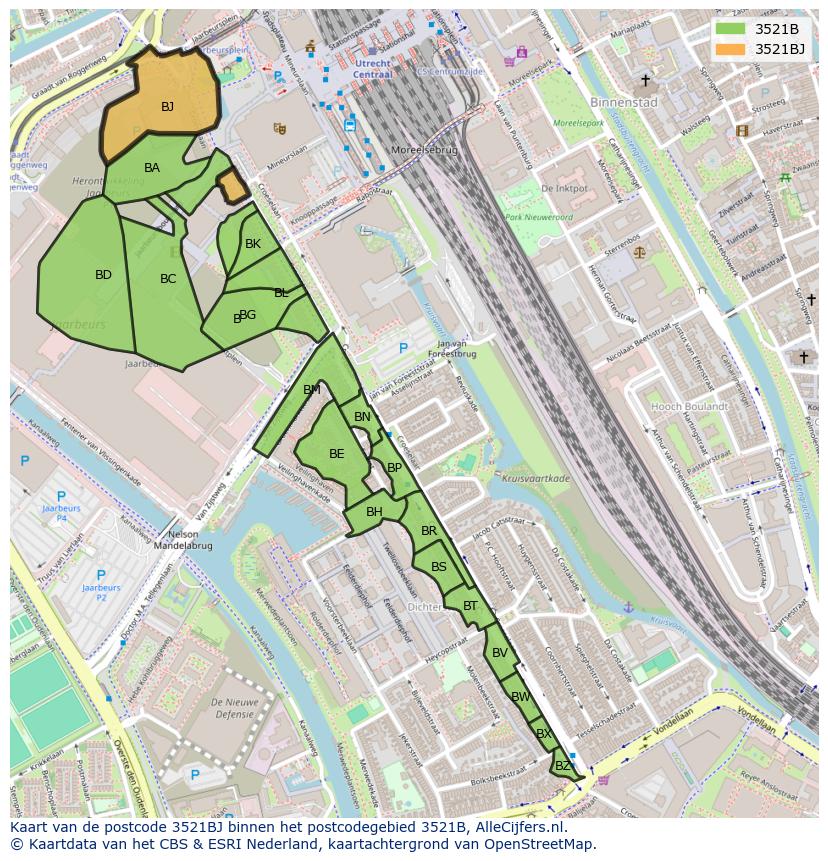 Afbeelding van het postcodegebied 3521 BJ op de kaart.