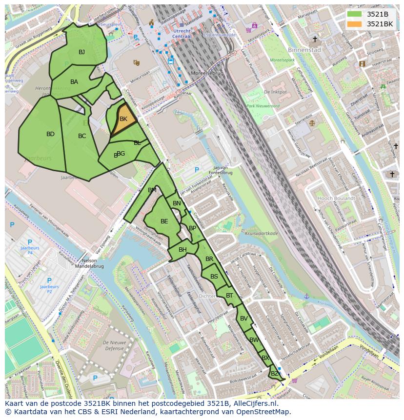 Afbeelding van het postcodegebied 3521 BK op de kaart.