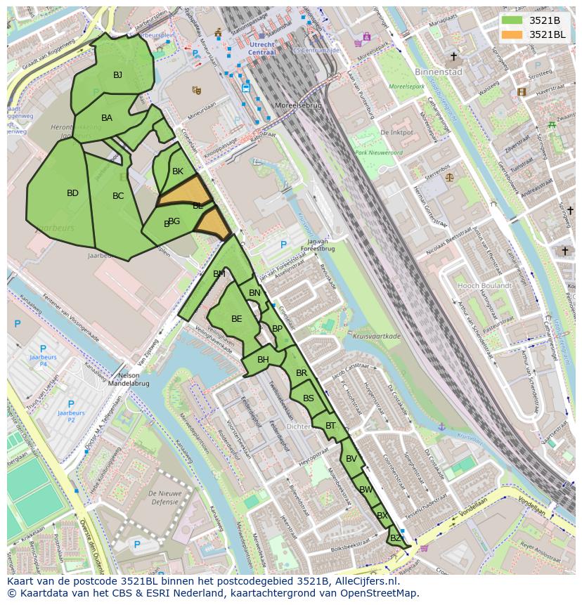 Afbeelding van het postcodegebied 3521 BL op de kaart.