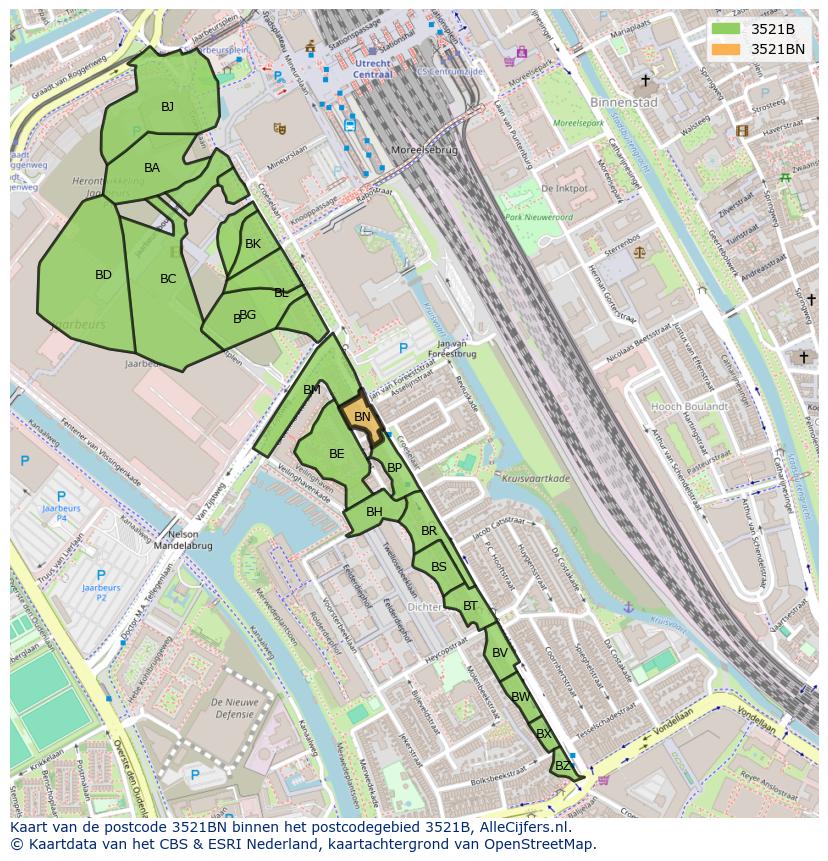 Afbeelding van het postcodegebied 3521 BN op de kaart.