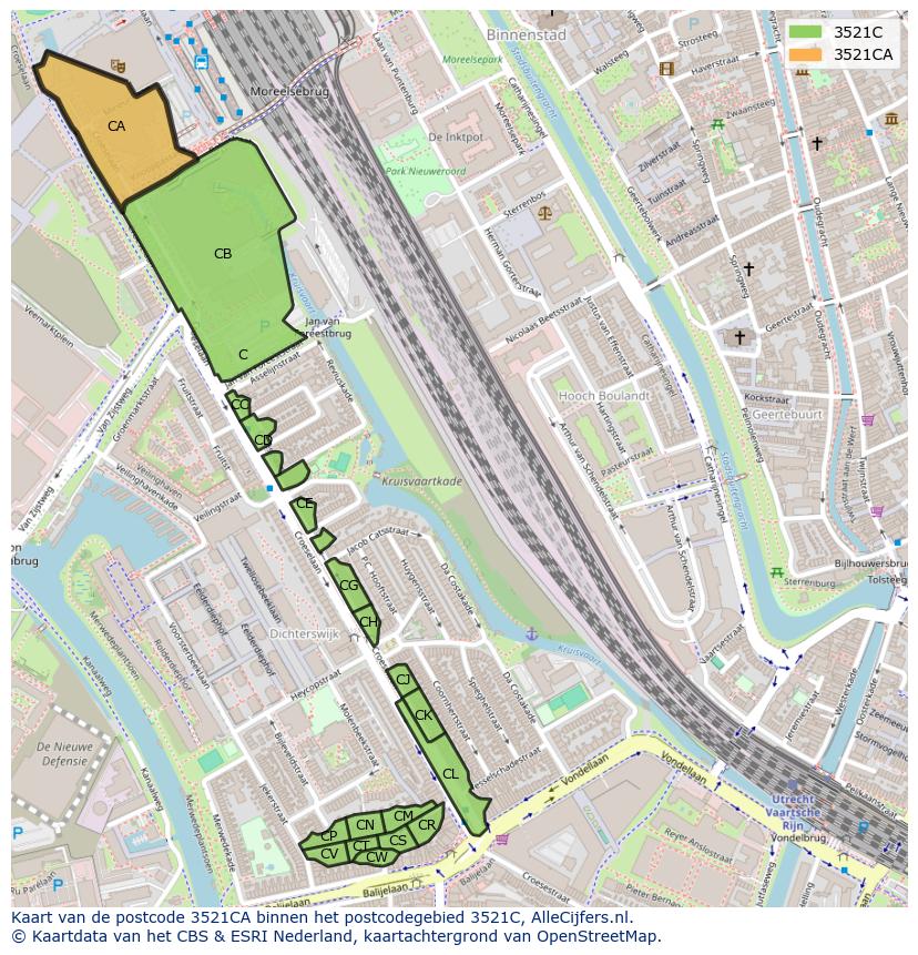 Afbeelding van het postcodegebied 3521 CA op de kaart.