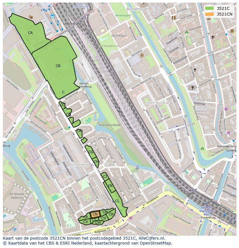 Afbeelding van het postcodegebied 3521 CN op de kaart.