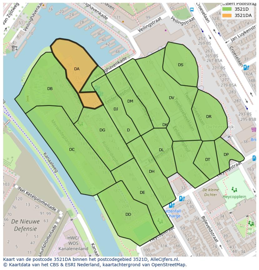 Afbeelding van het postcodegebied 3521 DA op de kaart.