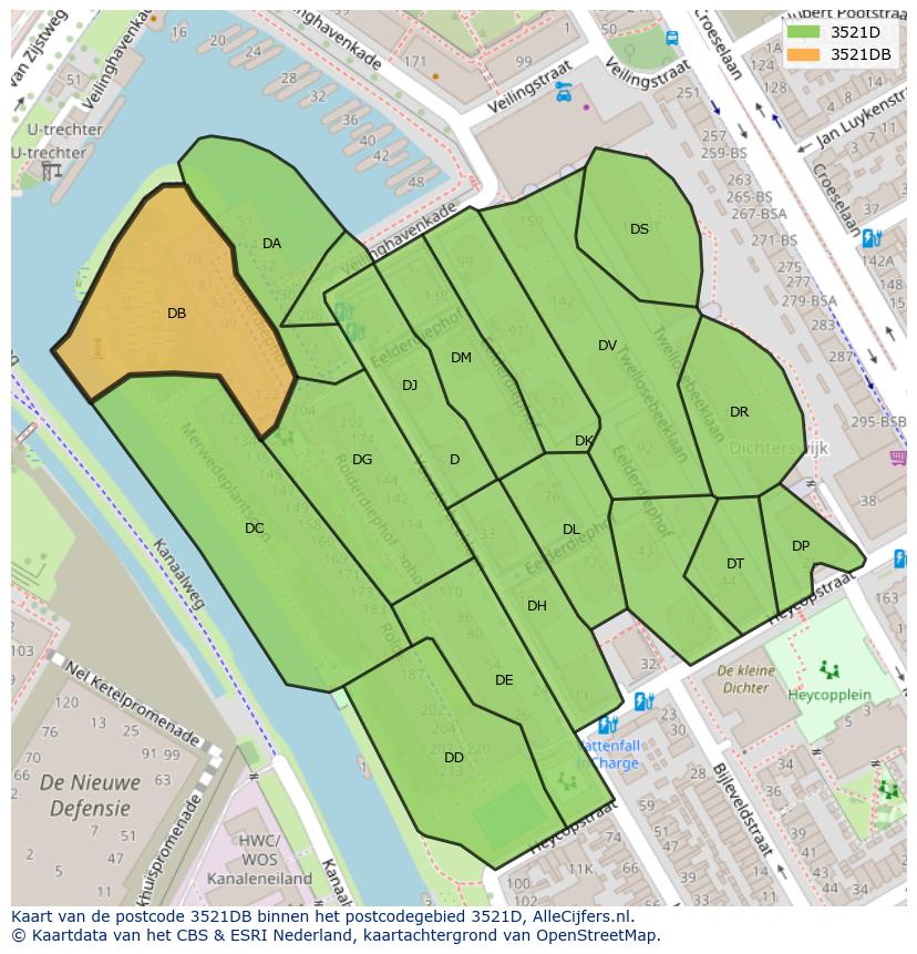 Afbeelding van het postcodegebied 3521 DB op de kaart.
