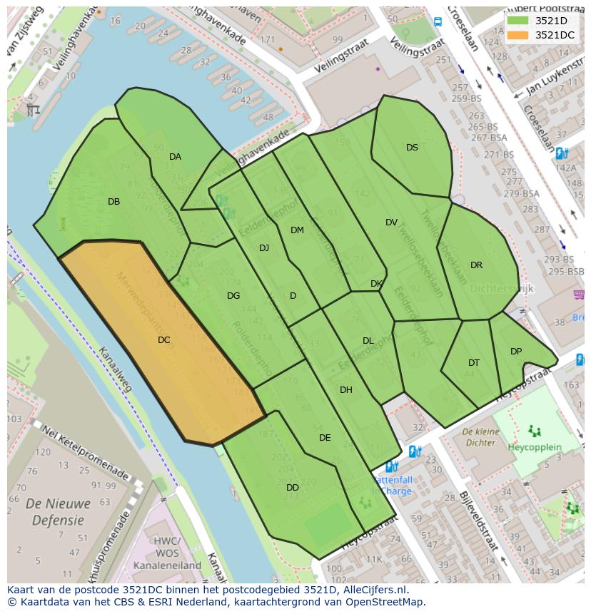 Afbeelding van het postcodegebied 3521 DC op de kaart.