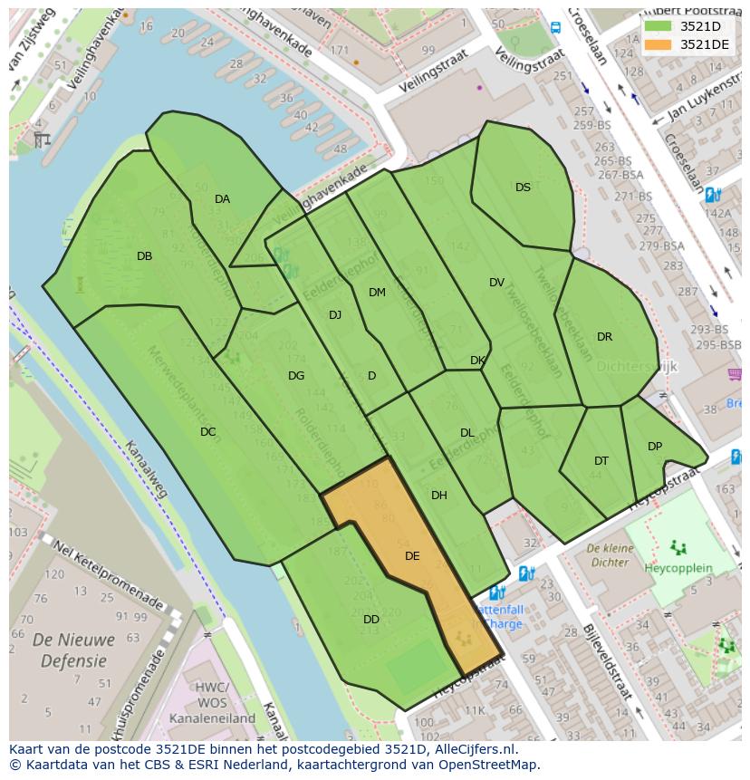 Afbeelding van het postcodegebied 3521 DE op de kaart.