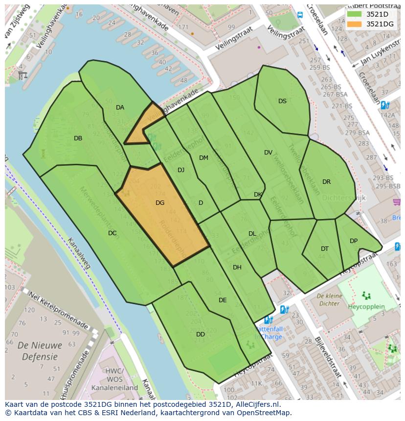 Afbeelding van het postcodegebied 3521 DG op de kaart.