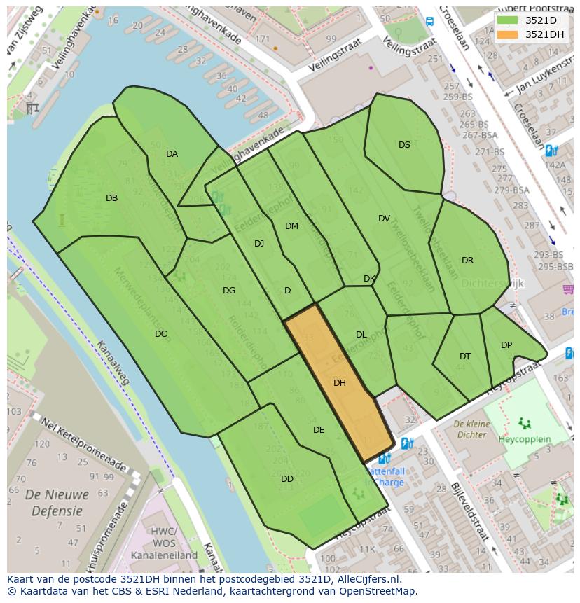 Afbeelding van het postcodegebied 3521 DH op de kaart.