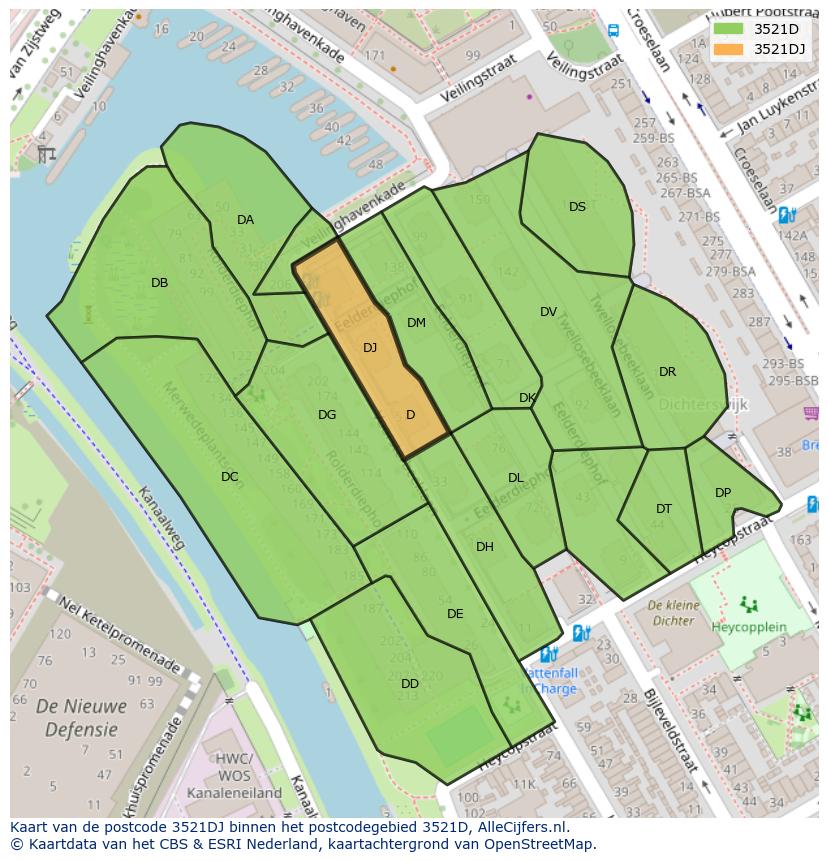 Afbeelding van het postcodegebied 3521 DJ op de kaart.