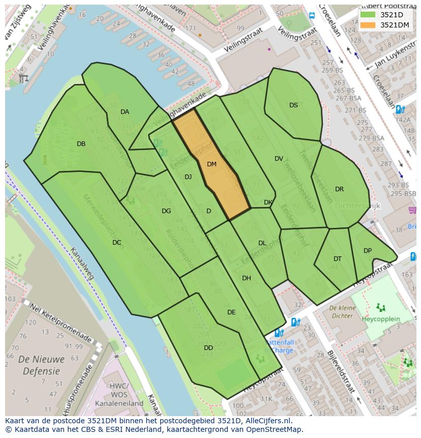 Afbeelding van het postcodegebied 3521 DM op de kaart.