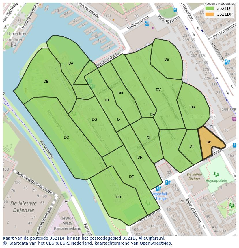 Afbeelding van het postcodegebied 3521 DP op de kaart.