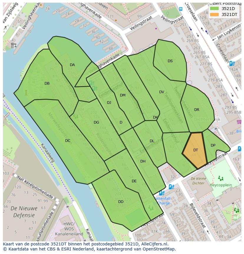 Afbeelding van het postcodegebied 3521 DT op de kaart.
