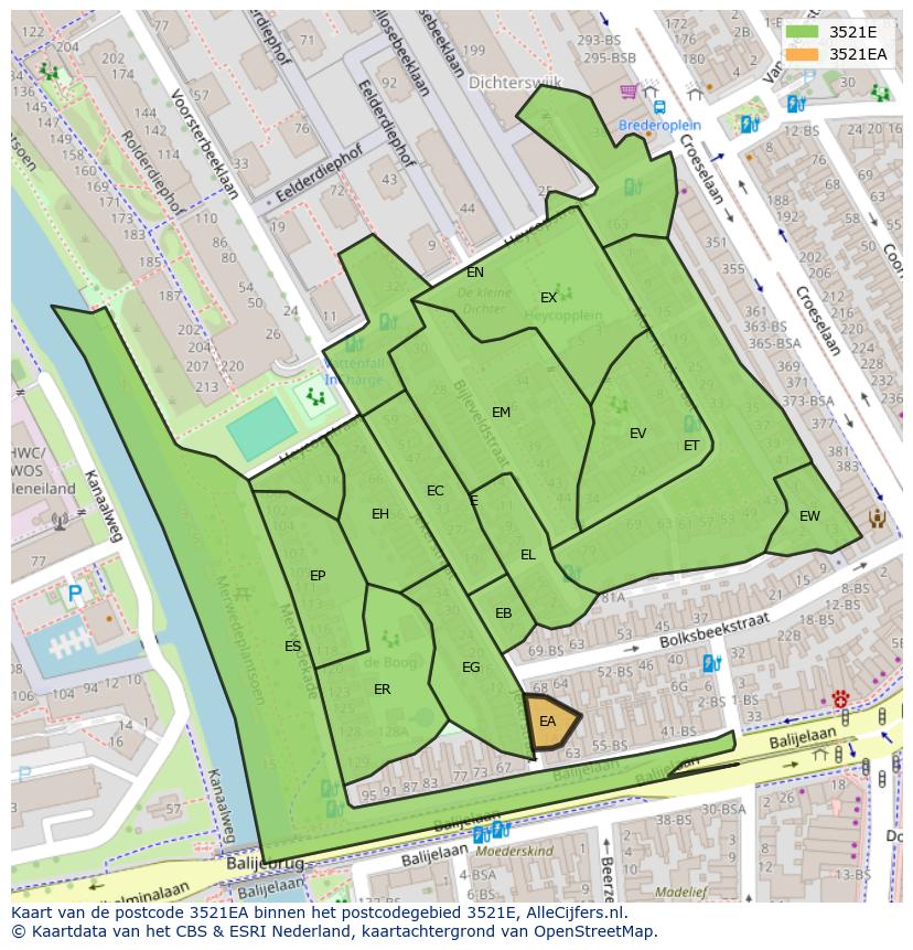 Afbeelding van het postcodegebied 3521 EA op de kaart.