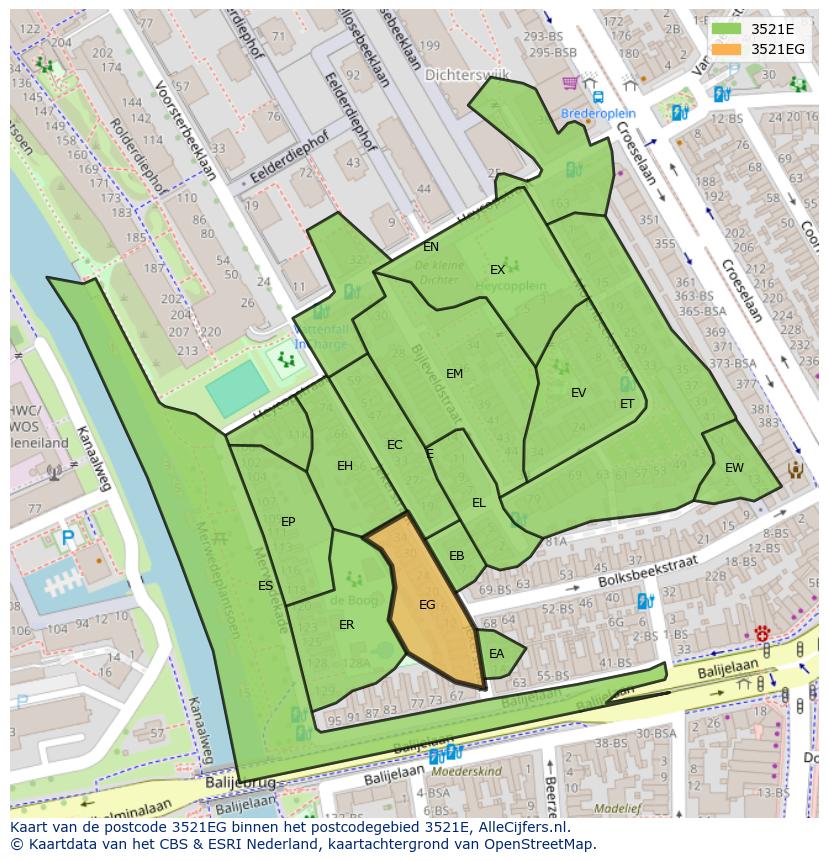 Afbeelding van het postcodegebied 3521 EG op de kaart.