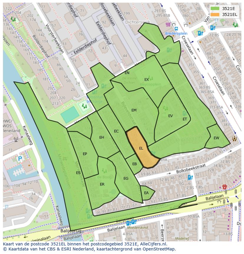 Afbeelding van het postcodegebied 3521 EL op de kaart.