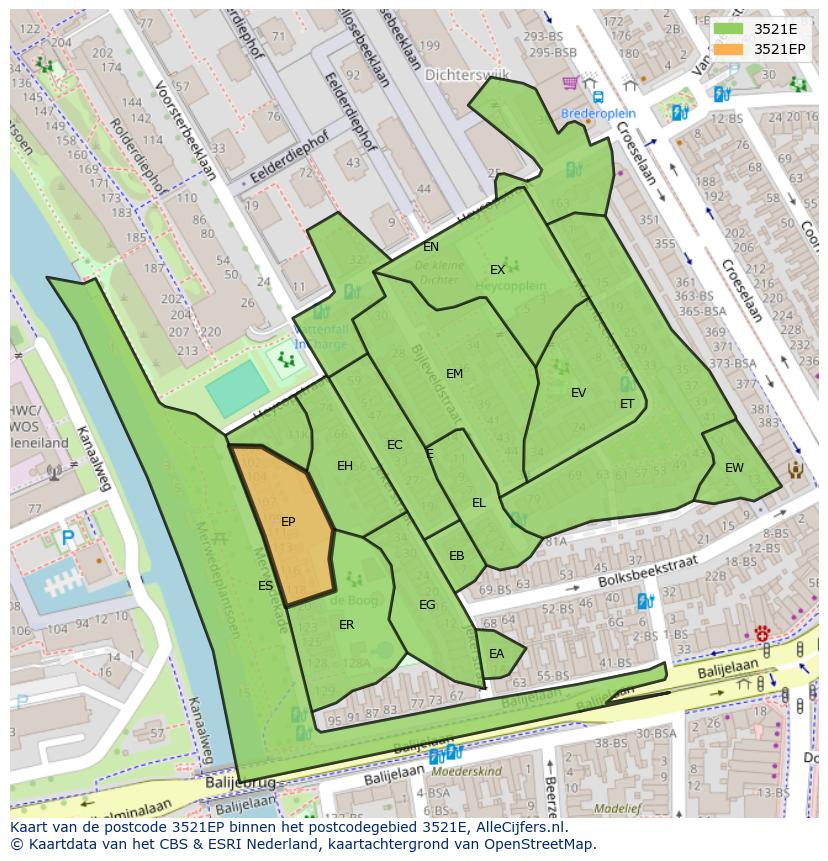 Afbeelding van het postcodegebied 3521 EP op de kaart.