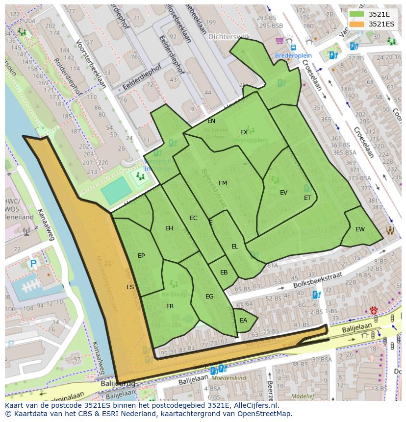 Afbeelding van het postcodegebied 3521 ES op de kaart.