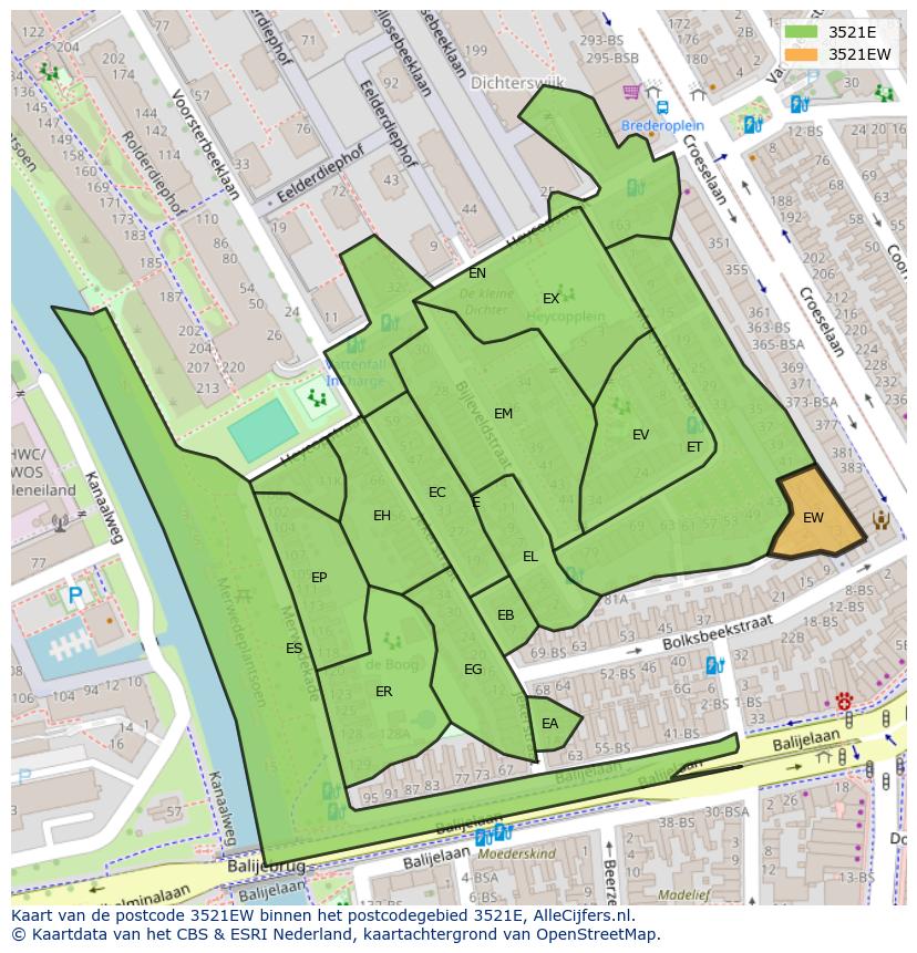 Afbeelding van het postcodegebied 3521 EW op de kaart.