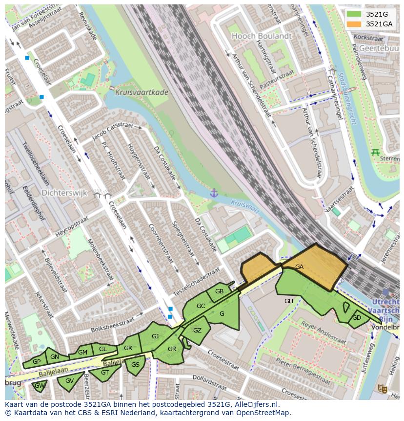 Afbeelding van het postcodegebied 3521 GA op de kaart.