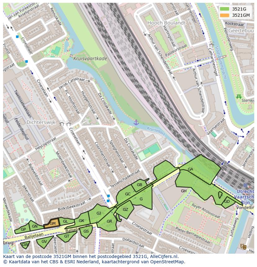 Afbeelding van het postcodegebied 3521 GM op de kaart.