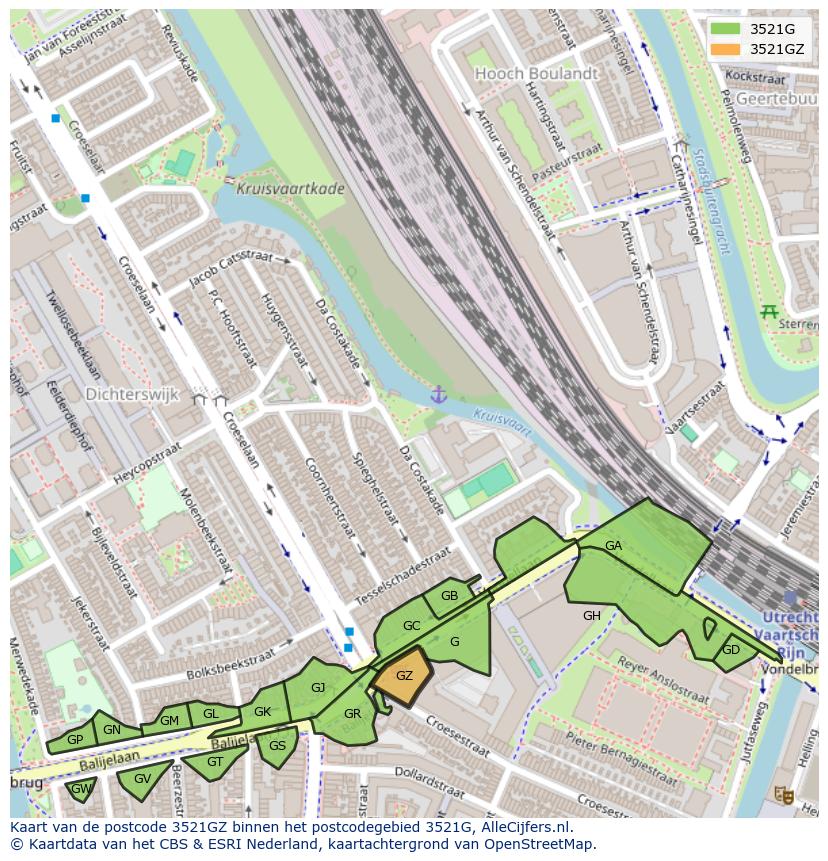 Afbeelding van het postcodegebied 3521 GZ op de kaart.
