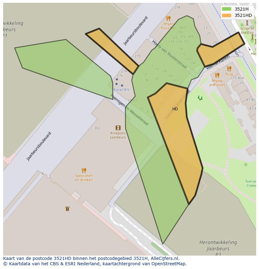 Afbeelding van het postcodegebied 3521 HD op de kaart.