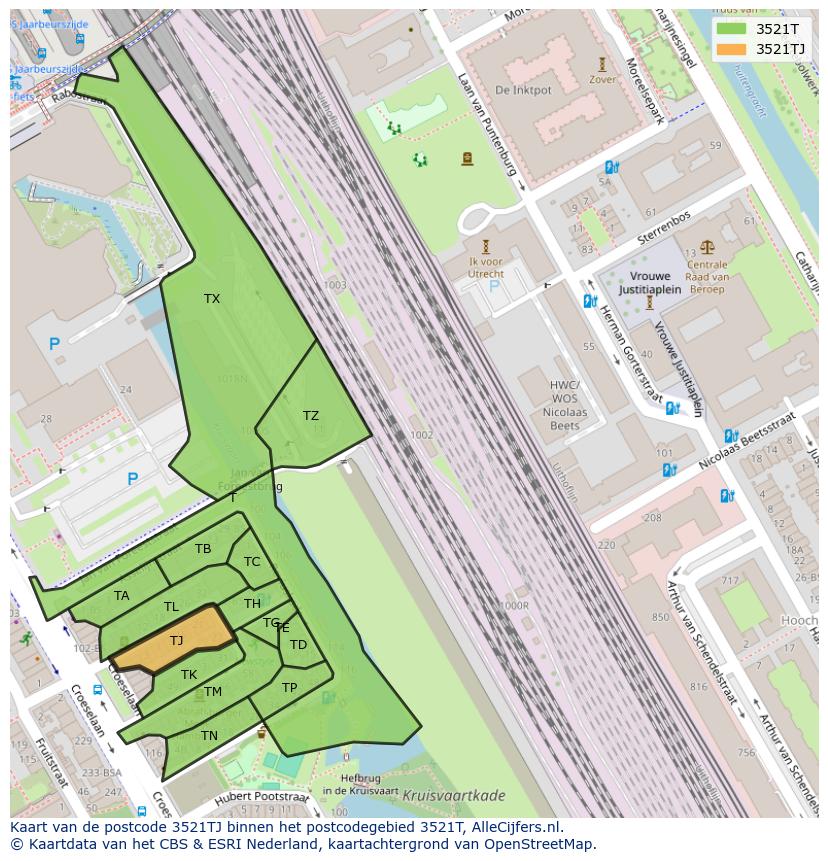 Afbeelding van het postcodegebied 3521 TJ op de kaart.