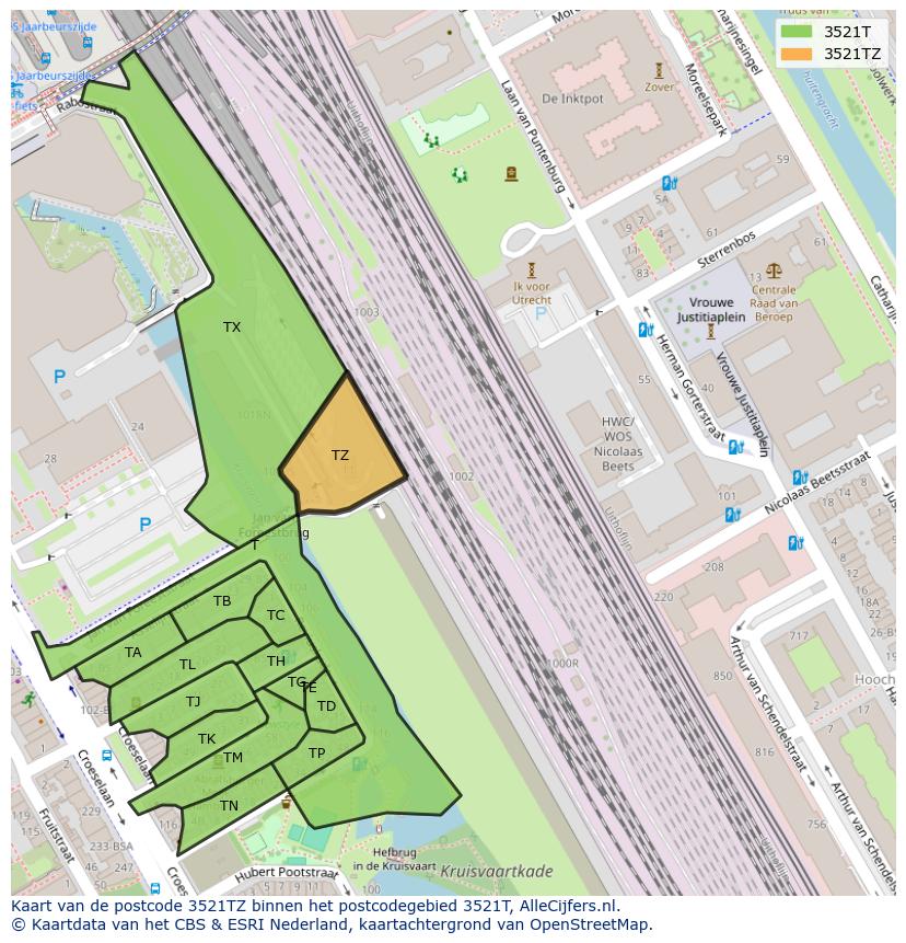 Afbeelding van het postcodegebied 3521 TZ op de kaart.