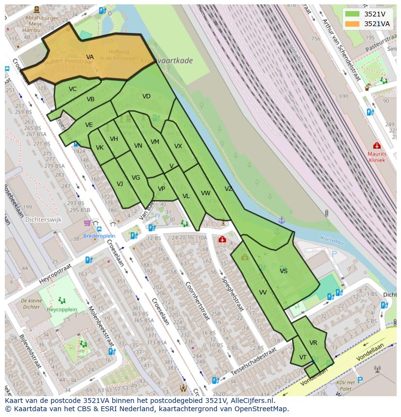 Afbeelding van het postcodegebied 3521 VA op de kaart.