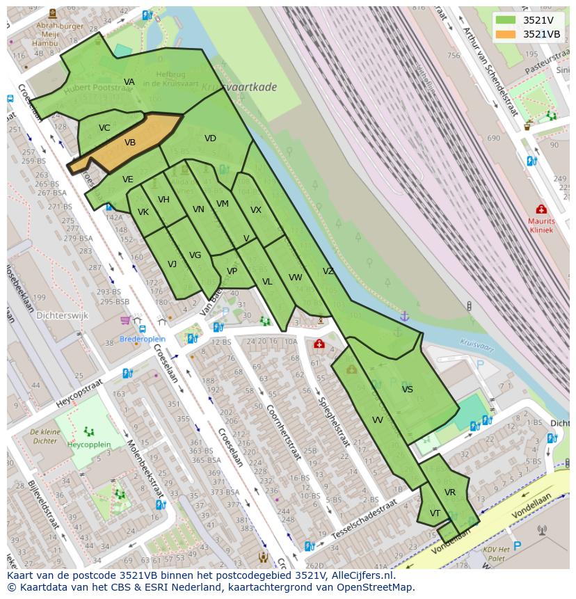Afbeelding van het postcodegebied 3521 VB op de kaart.