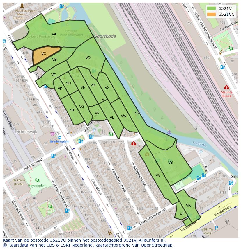 Afbeelding van het postcodegebied 3521 VC op de kaart.
